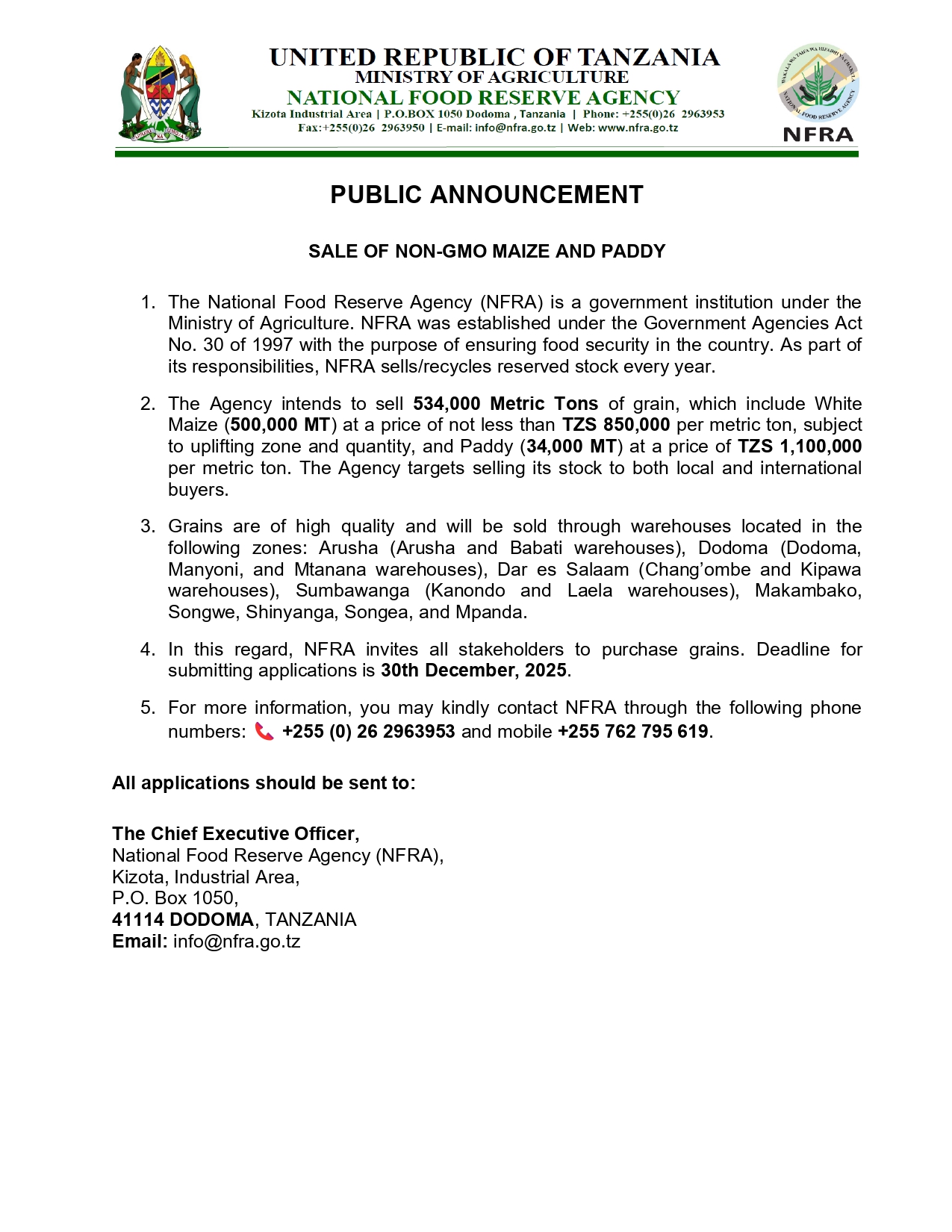 SALE OF NON-GMO MAIZE AND PADDY